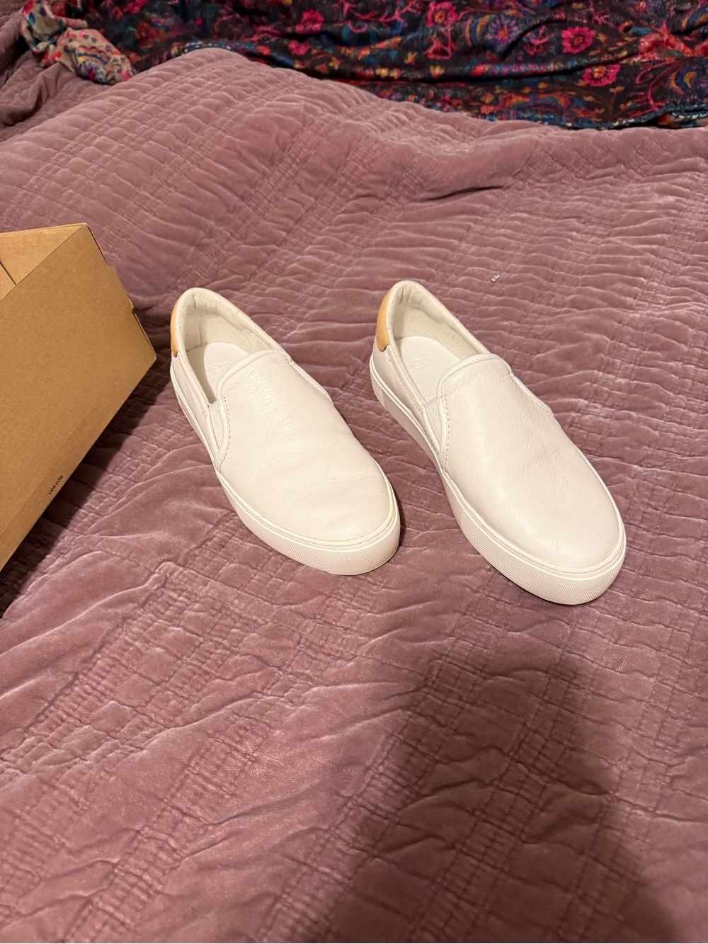 UGG Women's White Slip-On Leather Sneakers with Tan Heel Tab
